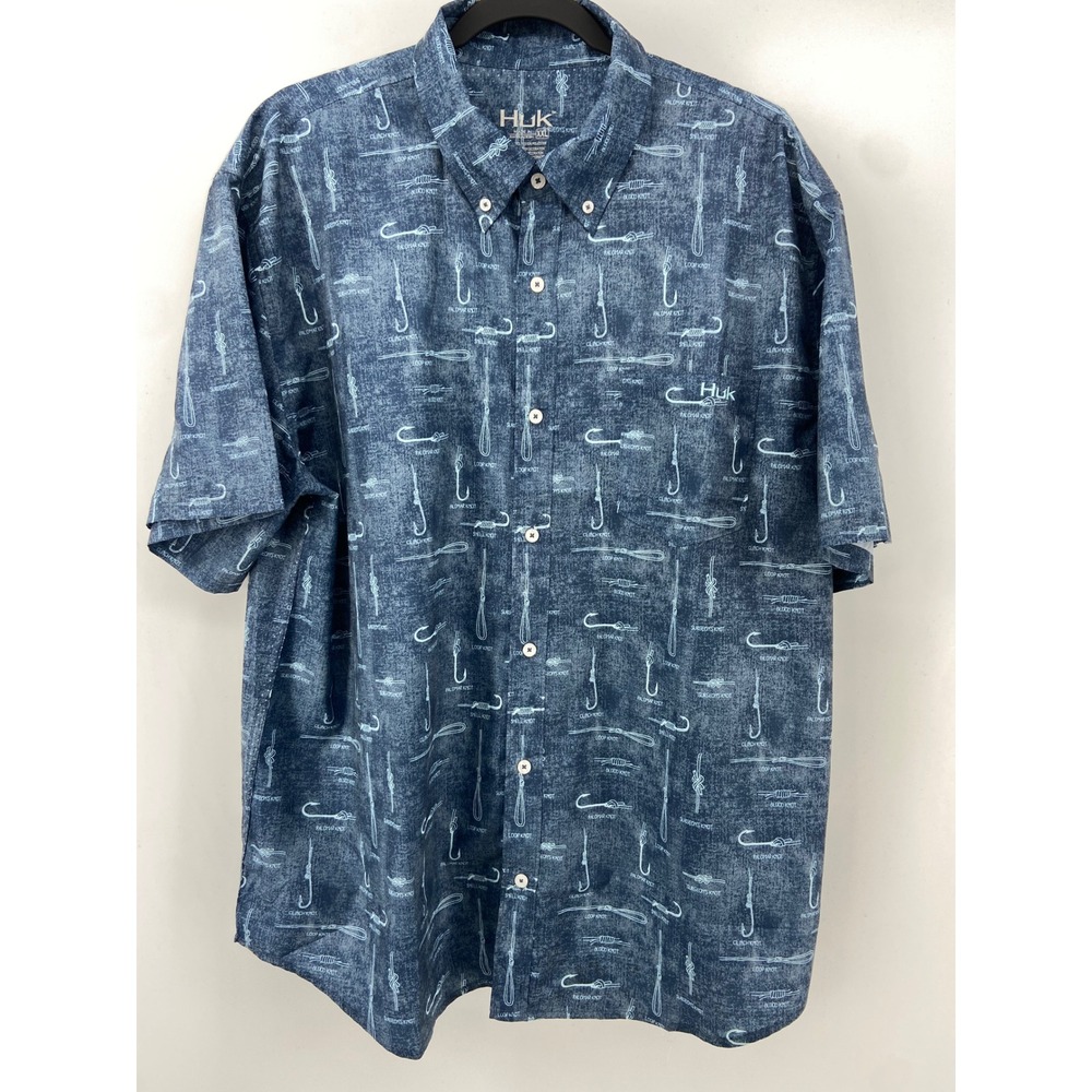 Huk Shirt Mens 2XL Blue Fishing Nautical Hook Knot Button Casual Short Sleeve